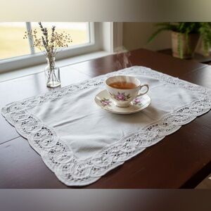 Vintage White Linen Placemat with 2” Battenberg Tape Lace Border - 16"x11"